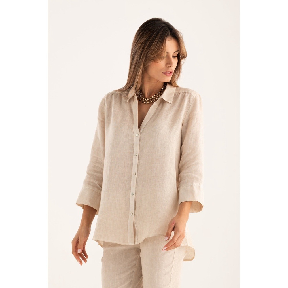 120% Lino Women's Summer Beige Blouse Size M /44 Quiet luxury Minimalist Coastal